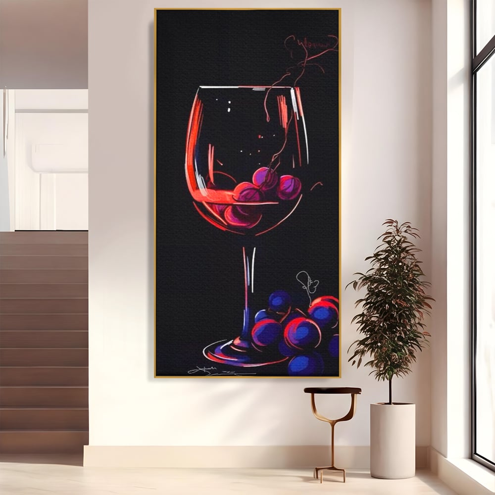 Tablou canvas cu tablou canvas cu pahar de vin si struguri, in rama de aluminiu auriu